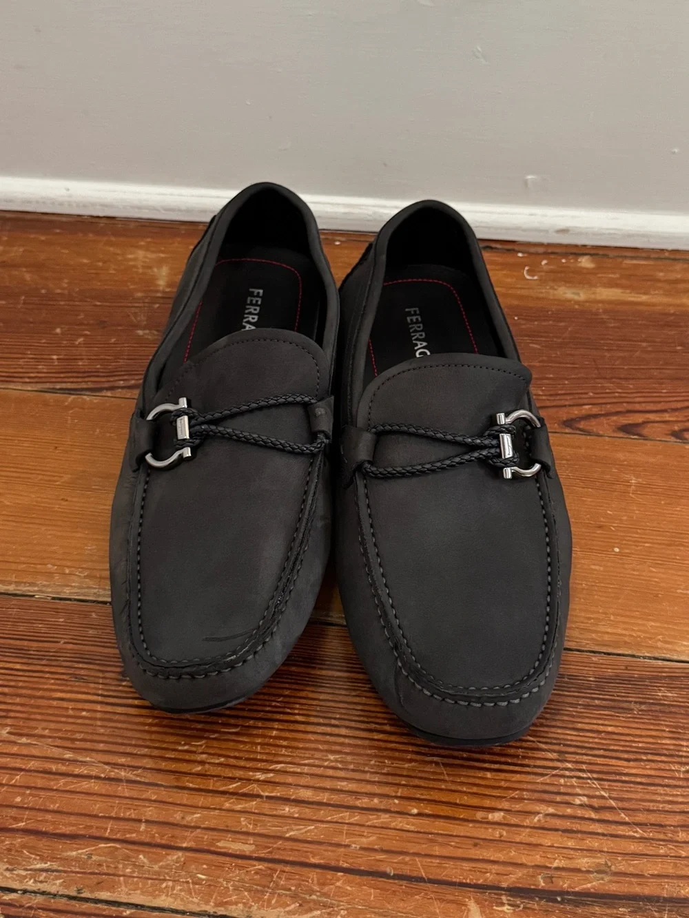 Salvatore Ferragamo Driver Loafers Ornament Gancini Detail Gray Nobuck Suede 7.5